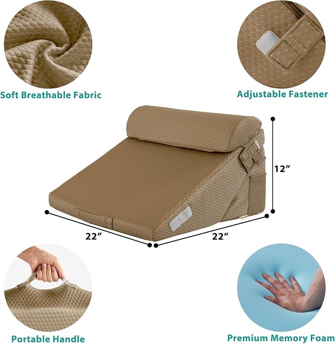 3Pcs Orthopedic Bed Wedge Pillow Set, Foam Wedge Pillow Post Surgery for Back, Leg and Knee Support, Adjustable 9&12 Inch Folding Triangle Pillow for Sleeping, Acid Reflux, Snoring, Brown