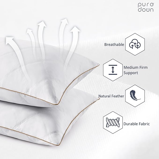 puredown® Goose Feathers and Down Pillow with Diamond Quilting with 100% Cotton Cover, Pack of 1, Queen Size