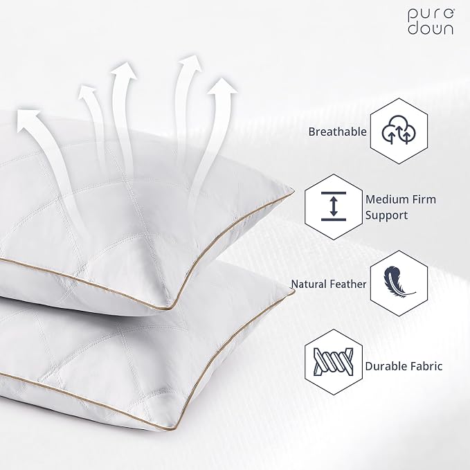 puredown® Goose Feathers and Down Pillow with Diamond Quilting with 100% Cotton Cover, Pack of 2, Queen Size