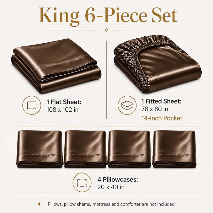 CozyLux Satin Sheets King, 6-Piece 14-Inch Deep Pocket Sheet Set | OEKO-TEX Certified Silky Soft Sheet Set for Hair & Skin, Luxurious Silky-Smooth Satin for Elegant Bedroom Decor, Brown