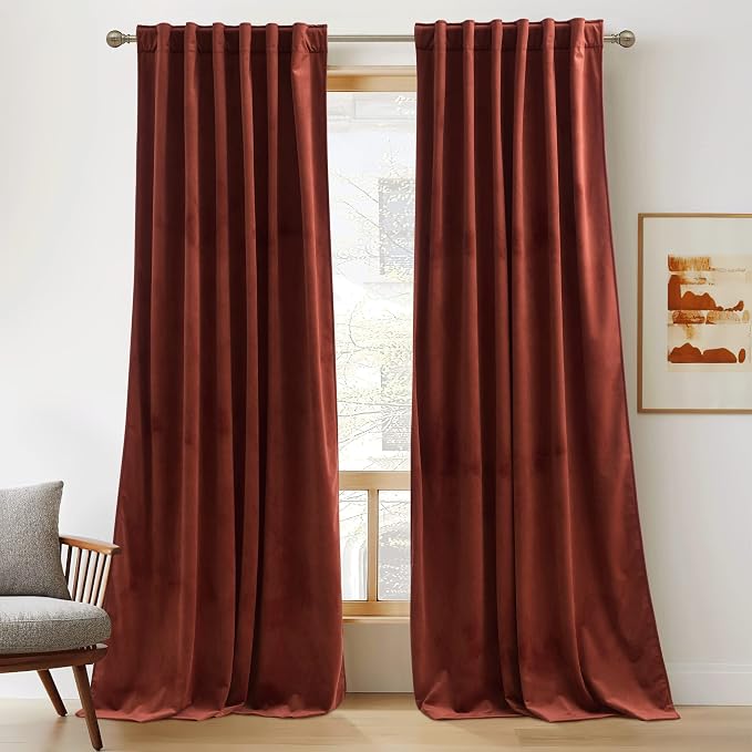 RYB HOME Rust Red Velvet Blackout Curtains for Bedroom 63 inches Length | Thermal Insulated, Privacy UV Heat Blocking, Luxurious Soft Fabric, Back Tab, Drapes for Nursery Office, W42 x L63, 2 Panels