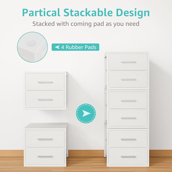 BOLUO Stackable Storage Drawers Narrow Closet Organizers and Storage Fabric White 2 Drawer Dresser for Bedroom 2 Packs Modern