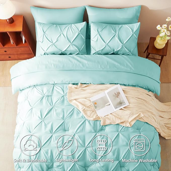 King Size Comforter Set Spa Blue, 7 Pieces Pintuck Bed in a Bag | OEKO-TEX 100 Certified, 240GSM All Season, Bedroom, Guest Room, Down-Alternative Comforter, Sheets, Pillowcases & Shams