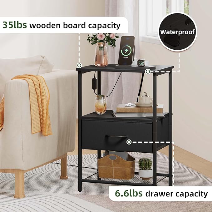 Somdot Nightstand with Charging Station & LED Light, Bedroom Bedside Table | Dorm, Guest Room, Kids Room, Laundry, Closet, Entryway and Hallway, Black