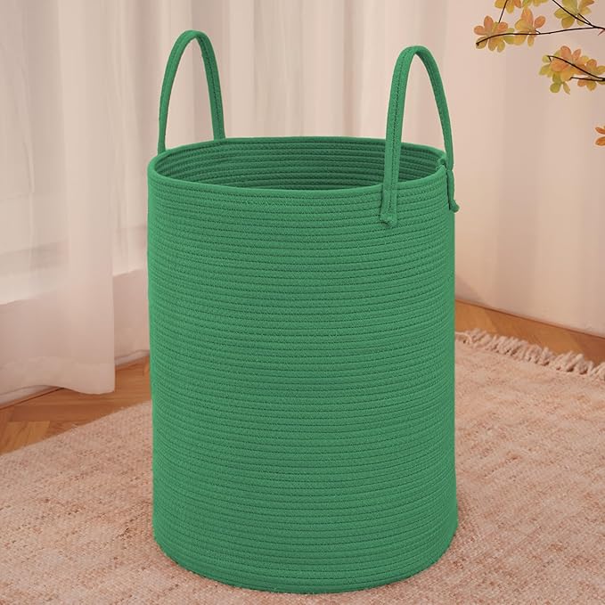 JMvicyroam 60L Cotton Rope Laundry Basket Hamper, Dark Green | Collapsible laundry basket, reinforced handles, freestanding, machine washable, holds 3-5 thick blankets, clothes or toys