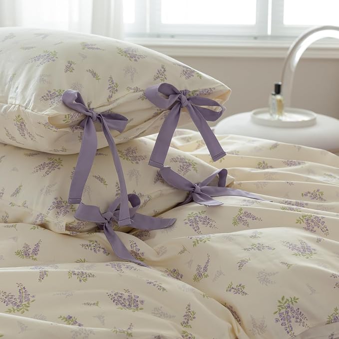 mixinni Lavender Flower Duvet Cover Queen Cotton Teenage Girls Flower Leaf Print 3pc Soft Cottage Ribbon Bedding Set Comforter Cover with Bowknot Pillowcase Perfect for Girls- (3pcs, Queen Size)