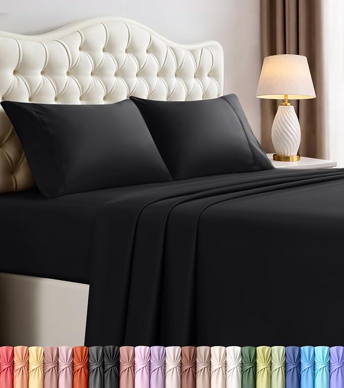 Full Sheets Set, 4 Pieces 16" Deep Pocket Hotel Luxury Bed Sheets, Black | Extra Soft Bedsheet Set, Comfy & Breathable Cooling Sheets, Wrinkle & Fade Resistant, Fitted Sheet, Flat Sheet, 2 Pillowcases