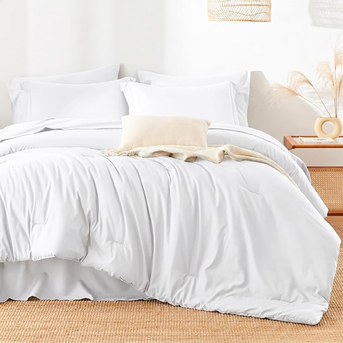 HIMEET King Comforter Set, 7-Piece Point-Quilted Bed in a Bag, White | OEKO-TEX Certified, Lightweight 240 GSM Comforter, Flat Sheet, 14-Inch Deep-Pocket Fitted Sheet, Pillowcases & Shams