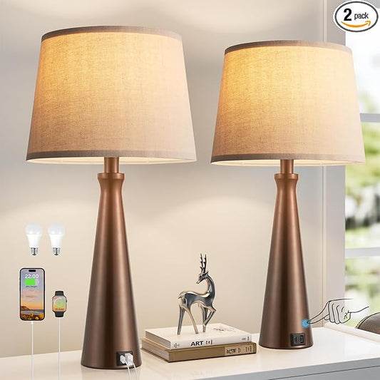Modern Touch Lamps for Nightstand, 3 Way Dimmable Bedroom Lamp Set of 2 | USB C+A Charging Ports, Brown Bedside Lamps for Bedroom, Living Room, End Table, Bed Side, LED Bulb Included