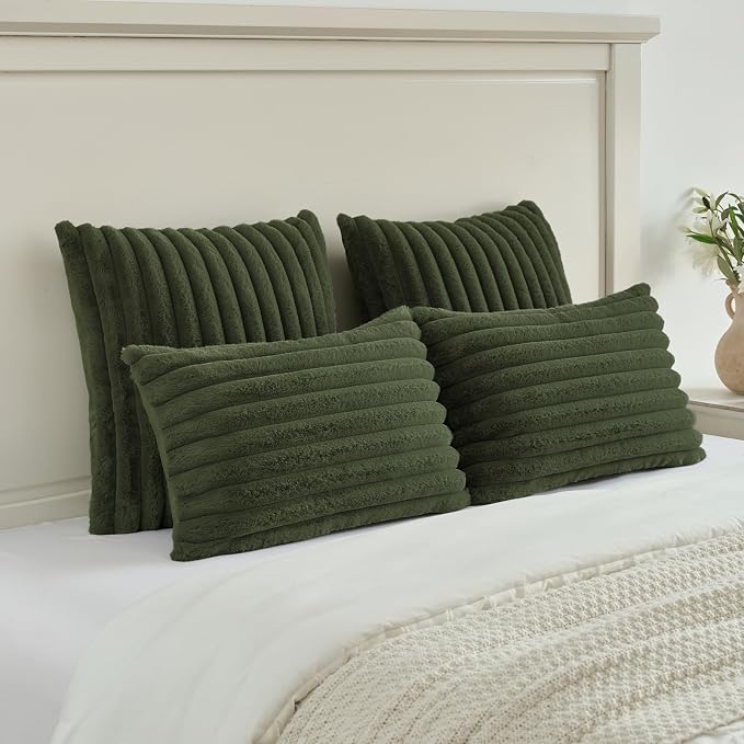 FUTEI Pack of 2 Faux Fur Throw Pillow Covers 12x20 Inch, Olive Green | Fluffy Faux Rabbit Fur Front/Premium Velvet Back,Hidden Zipper,Machine Washable,Non-Shedding,Colorfast,Insert Not Included.