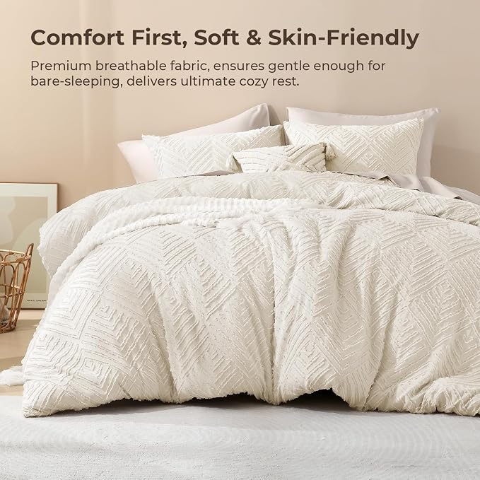 Litanika Oversized King Comforter Set, 3 Pcs Beige Tufted Boho Bedding Set | Farmhouse Shabby Chic Vintage Bohemian Textured Aesthetic Soft Fluffy Lightweight Breathable All Season Bed Set