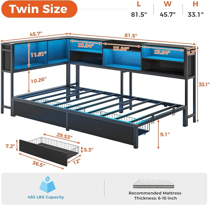 DICTAC Corner Twin Bed Frame with Bookcase Storage and Led Lights Metal Platform Bed Frame with 2 Drawers and Charging Station Twin Size Daybed for Kids/Teen with Storage,Kids Twin Bed,Black