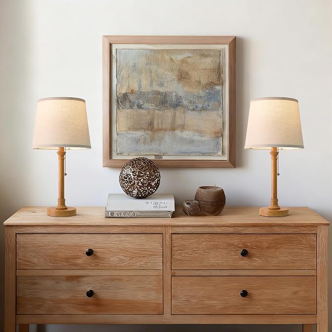 19.5" Wood Grain Rustic Table Lamps Set of 2 for Living Room Bedroom | Pull Chain Switch Bedside Table Lamps, White Linen Shade, Small Desk Lamp for Living Room, Bedroom, Home Office, Nursery