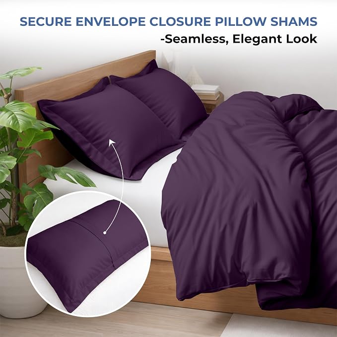 3 Pc Duvet Cover Queen Size/Full Size Set-100% Egyptian Cotton 600 Thread Count Ultra Soft Premium Durable Comforter Cover Zipper Closure & Corner Ties- (Plum, 90" X 90")