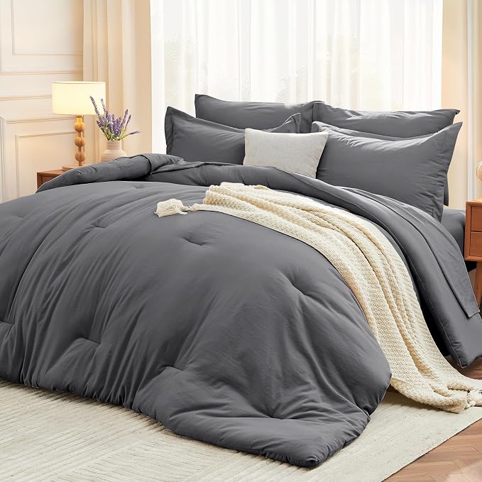 7 Pieces Full Comforter Set, Soft Bed in a Bag Full Size, All Season Bedding Set with Comforter, Flat Sheet, Fitted Sheet, Pillowcases & Shams, Dark Grey