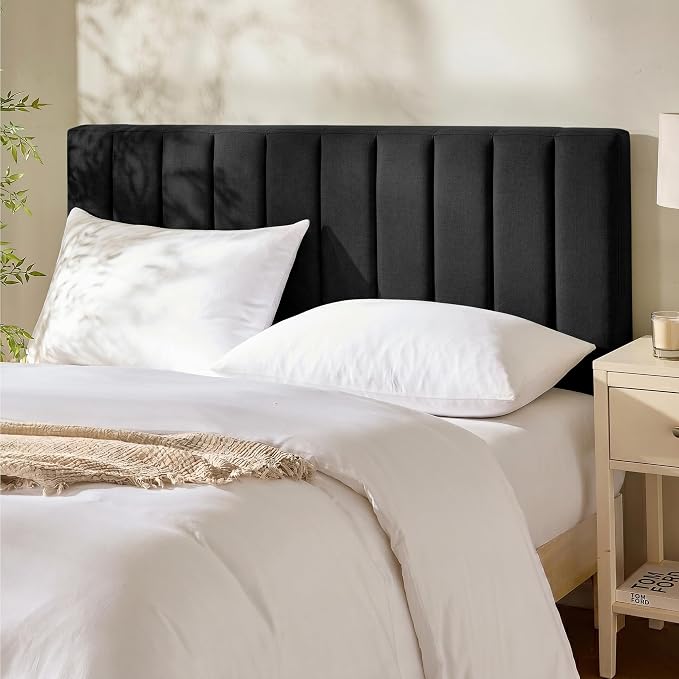 Hearth & Harbor Wall Mounted King Headboard Only, Bed Headboard King Size | Easy Assemble, Floating Peel and Stick, Upholstered, Channel Stitched, 3D Wall Panels, 5 Strips of 3M Tape Included, Black
