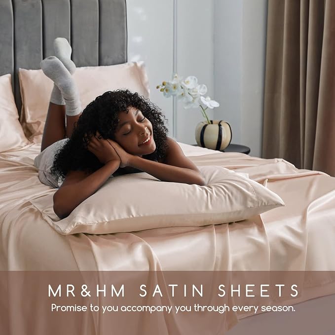 MR&HM Satin Sheets King Size with Elastic Corner Straps, Champagne | Similar to Silk, 4-Piece Silky Soft Bed Sheet Set, Gentle on Skin and Hair, 15" Deep Pocket, Cooling & Breathable