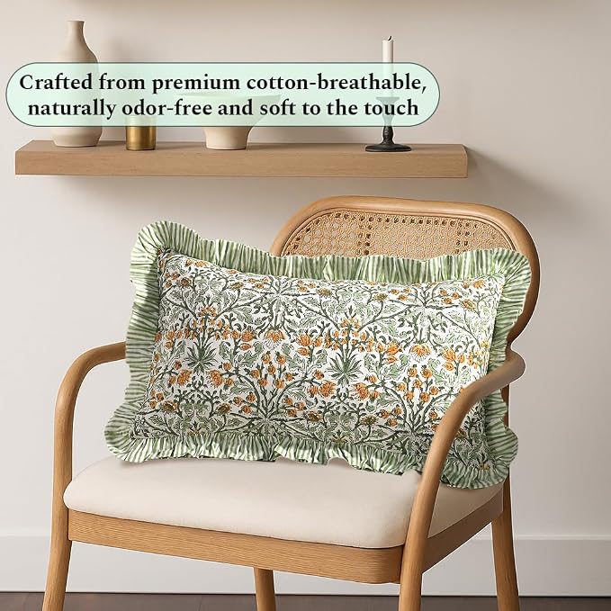 Ridhi Block Print Goldenrod Yellow Ruffle Lumbar Pillow Shams, 20" x 12" | 100% cotton, Floral Pillowcase, Cushion Cover, Hidden Zipper, Cottagecore Bedding, farmhouse boho style, fits couch, sofa,Bed