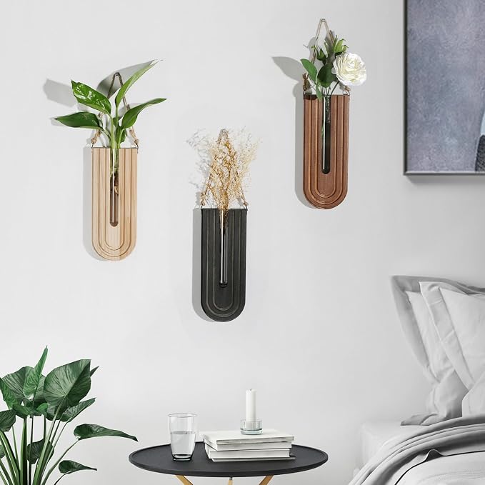 Dnnnii Indoor Wood Wall Planter Set of 3 for Plants - Boho Handmade Hanging Propagation Station with Curved Rainbow Design, Wall Mounted Vase for Flowers, Natural Home Decor Living Room Entryway