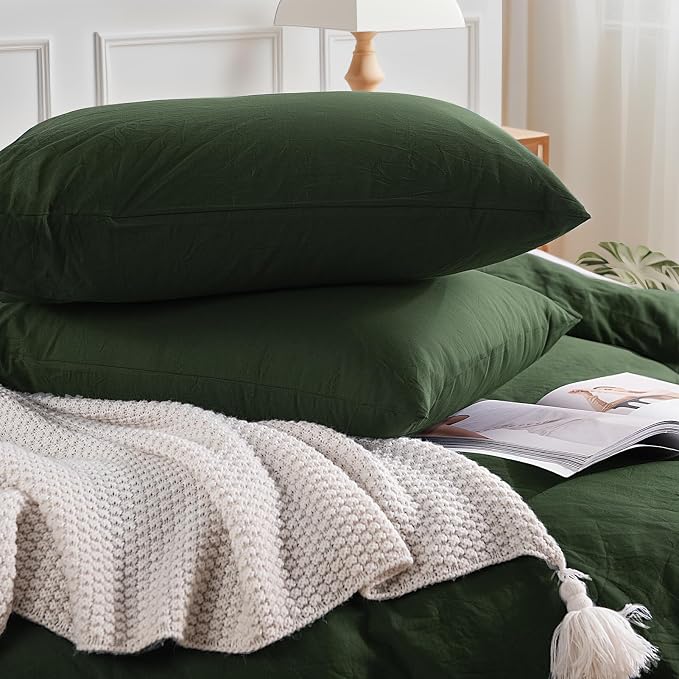 NEXHOME PRO Queen Duvet Cover Set – 100% Certified Organic Cotton with Washed Feel & Linen-Like Texture, Comfortable & Breathable, Home Bedding Set Olive Green (No Comforter)