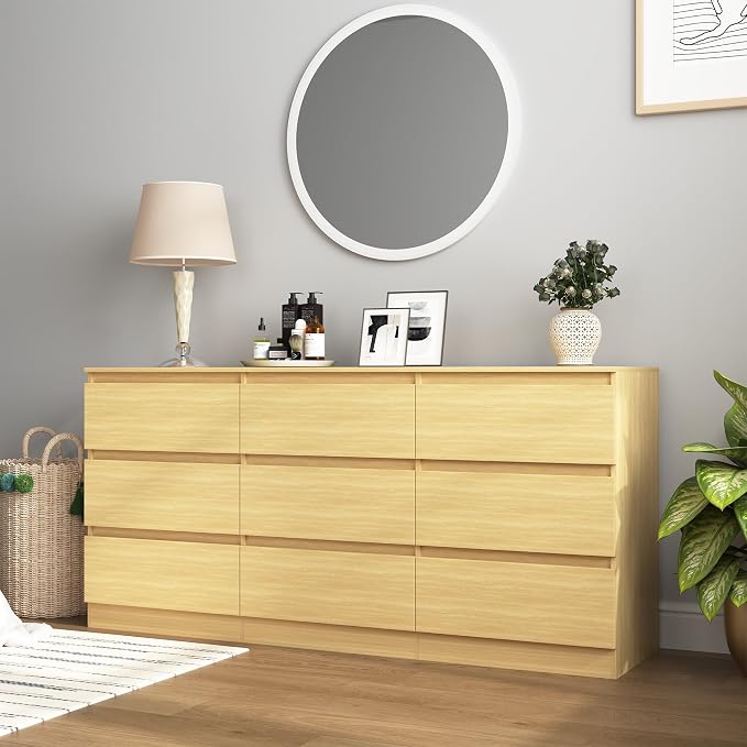 Vibe & Dine 9 Drawer Dresser, Modern Long Dresser for Bedroom, Wood Chest of Drawers with Wide Storage for Living Room, Natural Wood