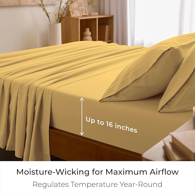 Mellanni Iconic 4-Piece, Ultra Soft Sheet Set (Queen, Yellow) | 10M+ Sleepers. Lab-tested: Sleeps Cool, Stays Bright, Strong, Smooth. Good Housekeeping Best Bedding, 7 yrs running.