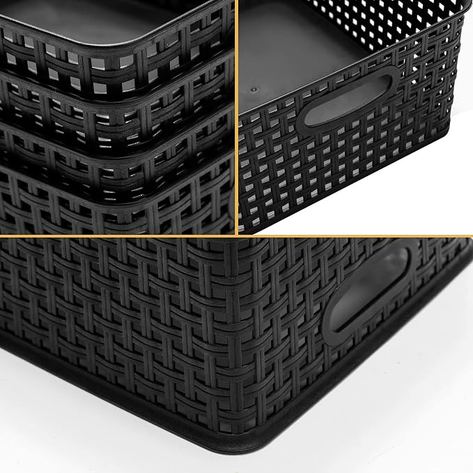 Eslite Plastic Storage Baskets for Organizing,11"X8.5"X4.7",Pack of 4 (Black)