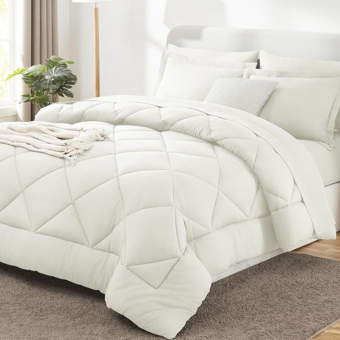 King Size Comforter Set Ivory - 7 Pieces Complete Bedding Set | OEKO-TEX Certified, All Season, 240GSM Down-Alternative Comforter, Sheets, Pillowcases & Shams, 14" Deep Pocket, Easy Care