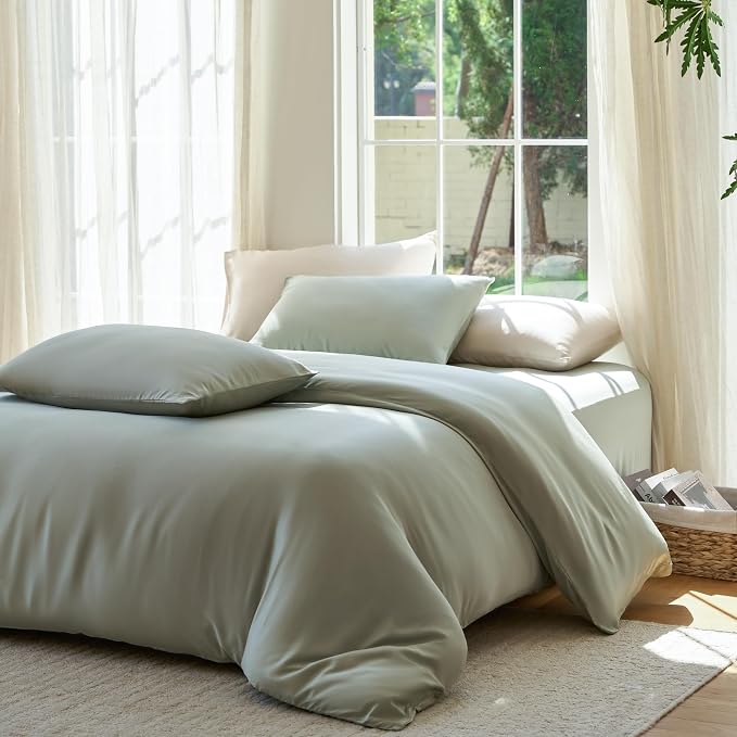 DOZ Duvet Cover Set, 100% Viscose derived from Bamboo, Organically Grown, Buttery Soft, Cooling Duvet Covers, High GSM, 1 Duvet Cover and 2 Pillowcases, 106"x90" (Sage, King/Cal King)