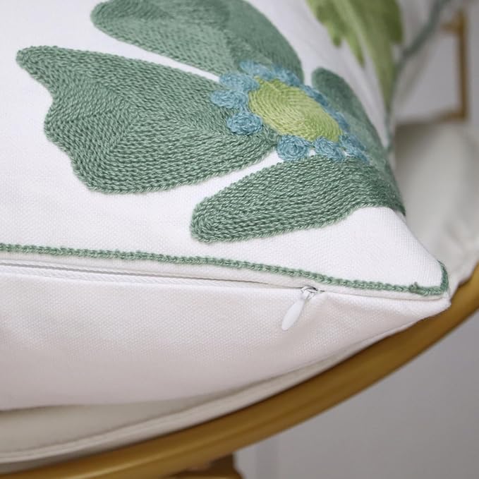 Pack of 2 Embroidered Decorative Throw Pillow Cover 18x18 Inch Farmhouse Floral Pillowcase for Living Room Sofa Bed (Grass Flower)