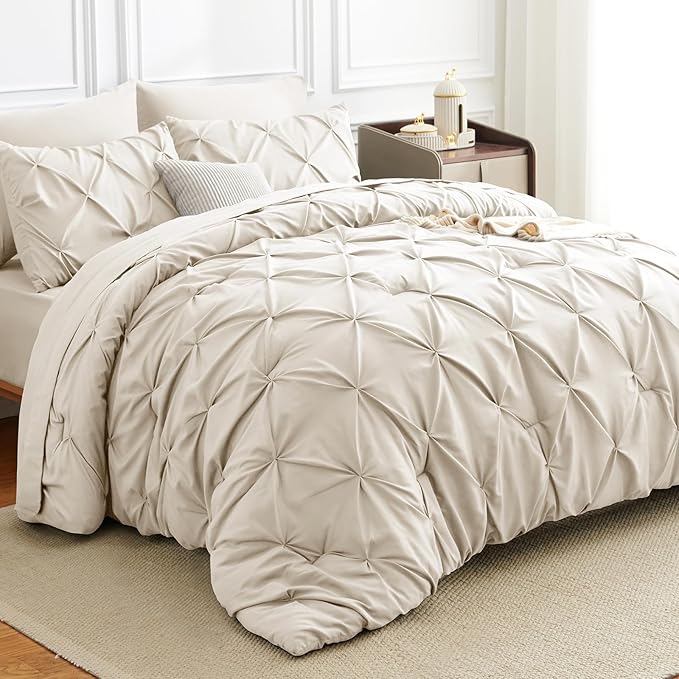 HIMEET Full Size Comforter Set Beige - 7 Pieces Pintuck Bed in a Bag | OEKO-TEX Certified, 240GSM Down Alternative Comforter, 14" Deep Pocket Fitted Sheet + Flat Sheet + 2 Pillowcases + 2 Shams