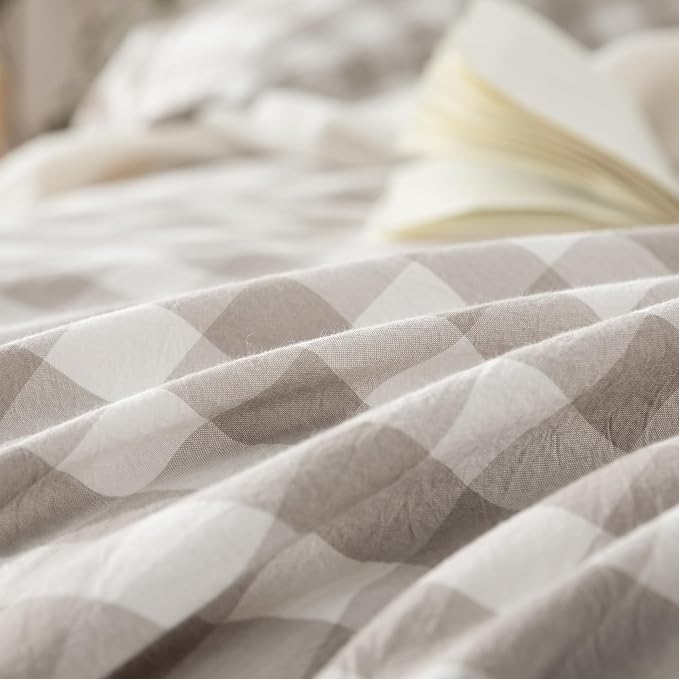 BESTOUCH Gingham Cotton Duvet Cover Set Linen Grey Twin | Washed Cotton, Linen Feel, Soft Wrinkle Texture, Hidden Zipper, 8 Ties, Breathable Lightweight Durable Comfy, 2 Pcs No Insert