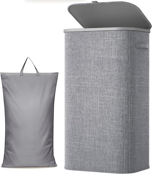 Lifewit 105L Large Laundry Basket with Lid, Laundry Hamper with Plastic Handles and Removable Bag, Foldable Tall Dirty Clothes Hampers for Laundry for Laundry Room, Bedroom, Bathroom, Dorm, Light Gray