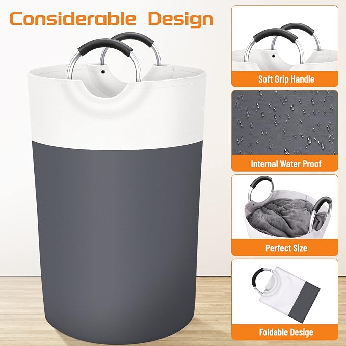 BlissTotes 115L Laundry Basket, Freestanding Collapsible Hamper, Gray | Collapsible Dirty Clothes Hamper, Foldable Laundry Bag for Dorm, Waterproof Fabric, Padded Aluminum Handles
