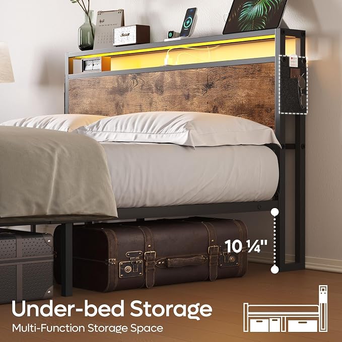 Bestier Queen Size Bed Frame with Headboard, Dual LED Platform Bed Frame with Charging Station, Non-Slip Metal Bed Frame, Noise-Free, Easy Assembly