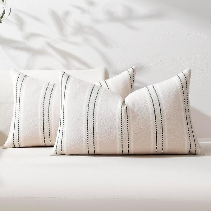 Hckot Stripe Throw Pillow Covers 12x24 Lumbar Dark Green Pillow Covers | Farmhouse Decorative Pillows Textured Cushion Covers for Sofa Couch Bed Living Room Decor