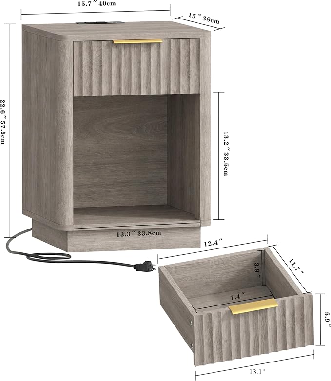 Akxomel Fluted Nightstand Set 2 Bedside Table with Charging Station Greige | Wooden Side Table with LED Light, Modern Mid Century End Table with Drawer, 15" D x 15.7" W x 22.6" H, for Bedroom