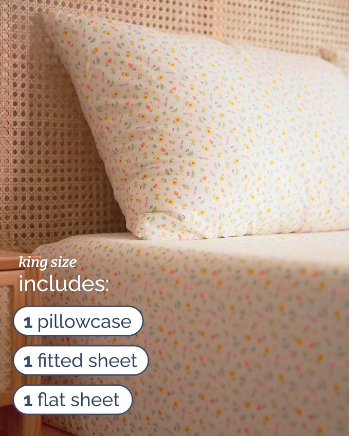 King 4 Piece Floral Sheet Set - Soft, Breathable & Cooling - Sunshine Daisy | 1 Flat, 1 Fitted & 2 Pillowcases w/ Deep Pockets, Boho Botanical Floral Bedding, Breathable & Cooling, Wrinkle & Fade Free