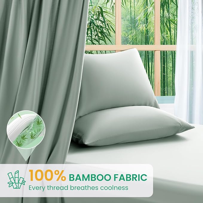 SONORO KATE 100% Viscose Derived from Bamboo_Sheets Queen Size,4PC | Cooling Bed Sheets for Hot Sleepers,Soft Breathable & Silky,16" Deep Pocket,Luxury Hotel Bedding,Sea Glass