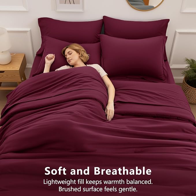 HIMEET King Comforter Set, 7-Piece Point-Quilted Bed in a Bag, Burgundy | OEKO-TEX Certified, Lightweight 240 GSM Comforter, Flat Sheet, 14-Inch Deep-Pocket Fitted Sheet, Pillowcases & Shams
