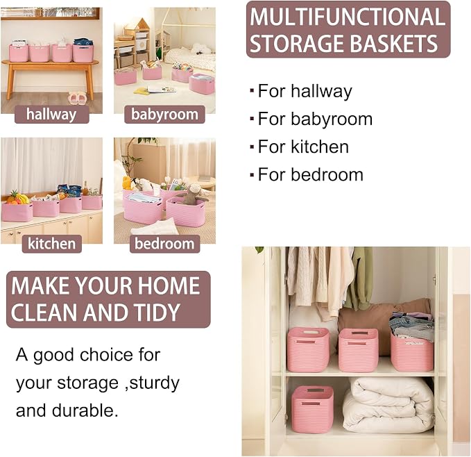 OIAHOMY 4 Pack Storage Baskets for Organizing 15L Cube Storage Bins Pink | Woven Baskets for Storage Rectangle Small Baskets With Handles Baskets for Shelves Wicker Baskets for Shelves 12.7x9x7.8inch