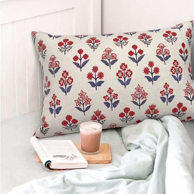 4th of July Pillow Covers 12x20 Inch 2 Pcs Red Blue Block Print Vintage Floral Patriotic Outdoor Decor Throw Pillows Memorial Day Holiday Decoration Pillowcase Linen Cushion Cover for Couch