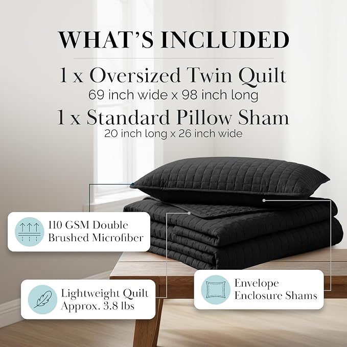 Southshore Fine Living, Inc. Twin XL Quilt Bedding Set, Dorm Room Bedding Essentials, Stain Resistant, Machine Washable Bedspread, XL Twin Black Quilt Bedspread Set with Pillow Sham, Black Quilts