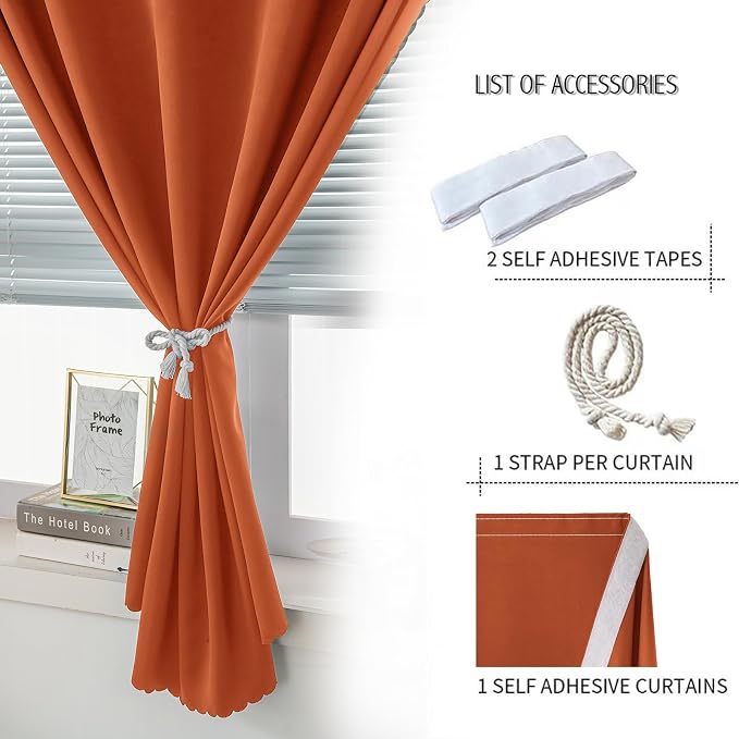 Portable Light Blocking Curtains Self-Stick Design, Removable Adhesive Window Shades for Apartment Office, 71" W x 84" L, Orange, 1 Panel