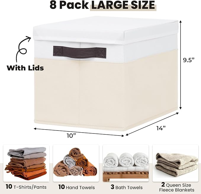 Large Closet Organizer Bins with Lids 8 Pack - Nursery Storage Baskets for Shelves Bedroom Dorm - Stackable RV Closet Organization Cubes Box with Handles for Clothes Purse Blanket Towel Magazine