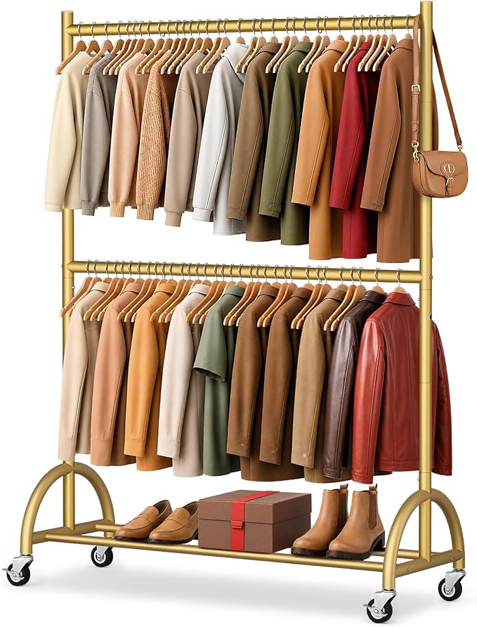 MISSLO Heavy Duty Clothing Racks for Hanging Clothes Double Rod Rolling Gold Clothes Rack with Wheels for Coats, Garment Closet Storage, Gold