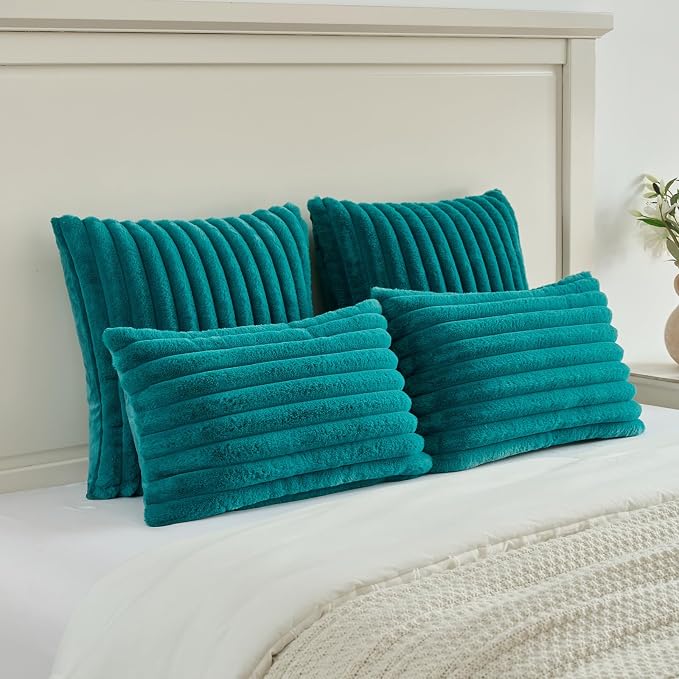 FUTEI Pack of 2 Faux Fur Throw Pillow Covers 26x26 Inch, Teal | Fluffy Faux Rabbit Fur Front/Premium Velvet Back,Hidden Zipper,Machine Washable,Non-Shedding,Colorfast,Insert Not Included.