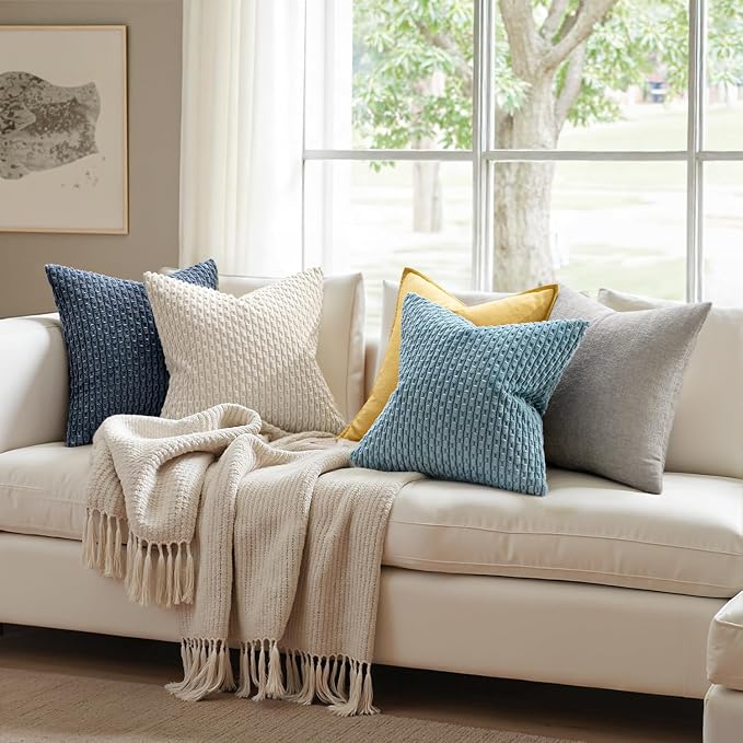 MIULEE Euro Sham Decorative Throw Pillow Covers 24x24 Cream White Corduroy | Textured Striped Pack of 2 Striped Pillow Covers Modern Farmhouse Home Decor for Couch Bed Sofa Living Room