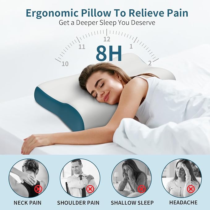 Cervical Neck Pillow for Pain Relief, Contour Memory Foam Pillows Ergonomic Pillow Orthopedic Cooling Pillow Bed Pillow Neck Support for Side Back Stomach Sleepers(Grey&Blue)