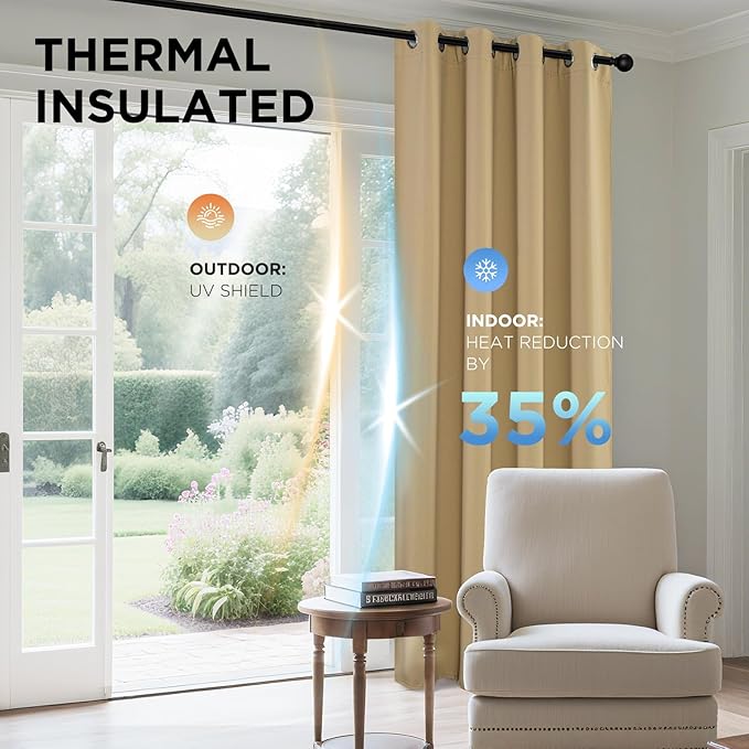 Joydeco Beige Blackout Curtains for Bedroom 54 Inch 2 Panels with Grommet | Thermal Insulated, Living Room Darkening Grommet Drapes, Noise Reducing, Light Blocking Window Treatments,52W x 54L Inch